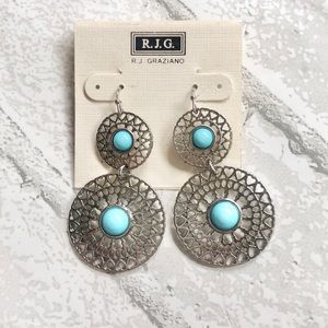 Silver medallion style earrings with turquoise blue color beads